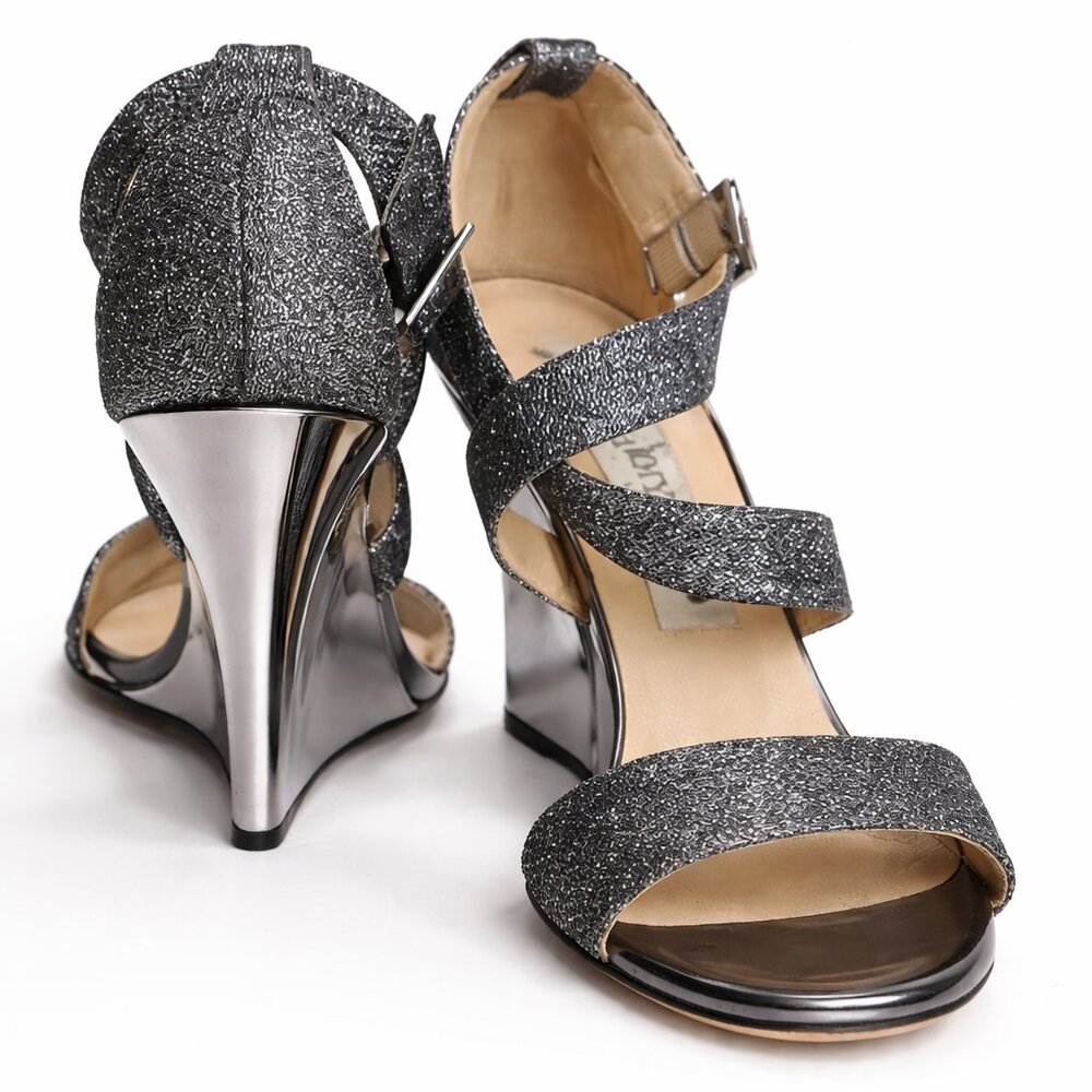 Jimmy Choo Fearne Mirrored Wedge Strappy Heels US 7 Glitter Silver Cocktail